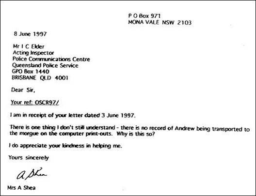 query letter no record of Andrew being taken to the morgue on police computer print-outs