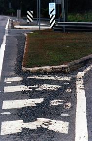 tire mark and bicycle imprint in grassed area of traffic island