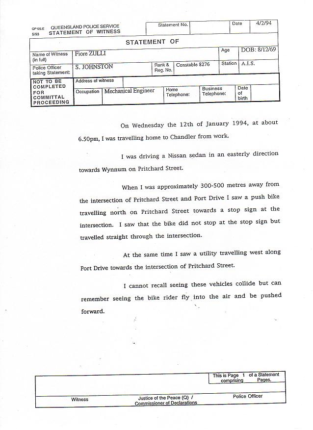 1st page Fiore Zulli's Police Statement