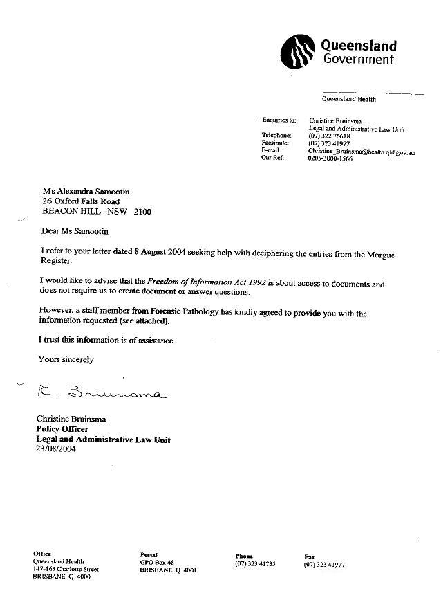 query reply letter from Department of Health