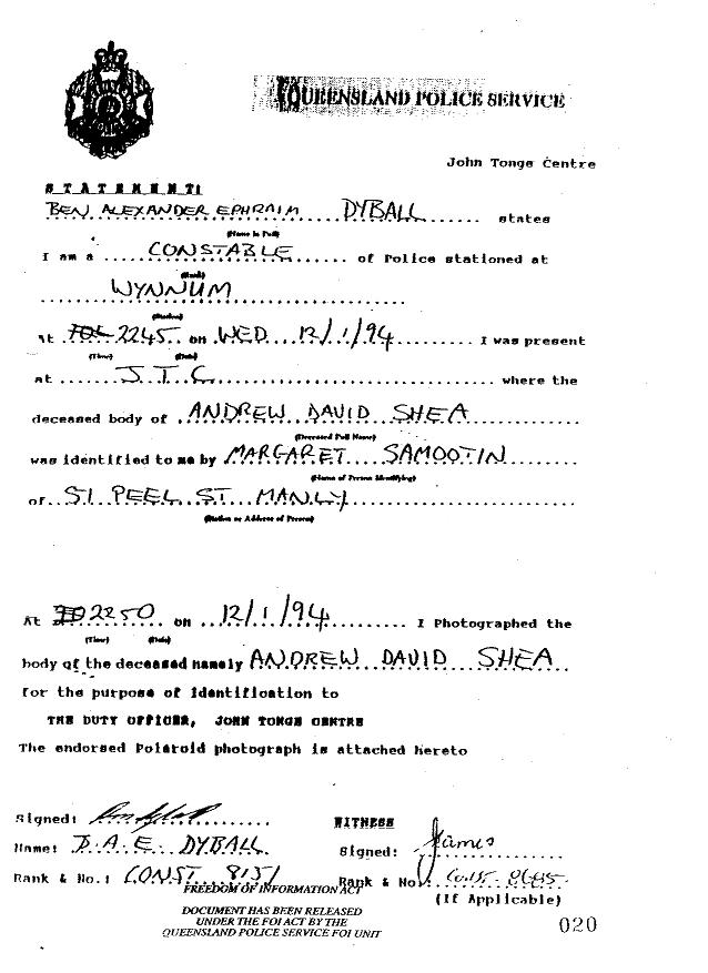Police Identification Statement signed at 10.45pm, 12.1.94, 5 minutes before Andrew arrived at morgue